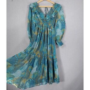 Anthropologie Boho Floral Maxi Dress XXSP Paisley Turquoise Smocked Tie Back